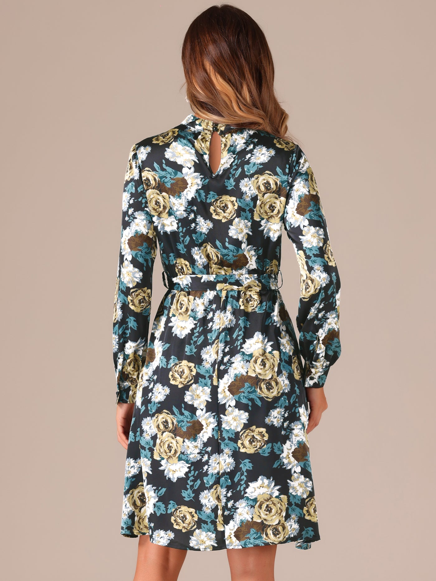 Allegra K Mock Neck Swing Knee Length Long Sleeve A-line Floral Dress