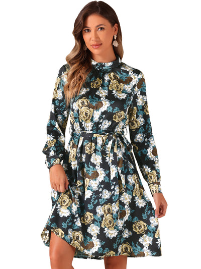 Mock Neck Swing Knee Length Long Sleeve A-line Floral Dress