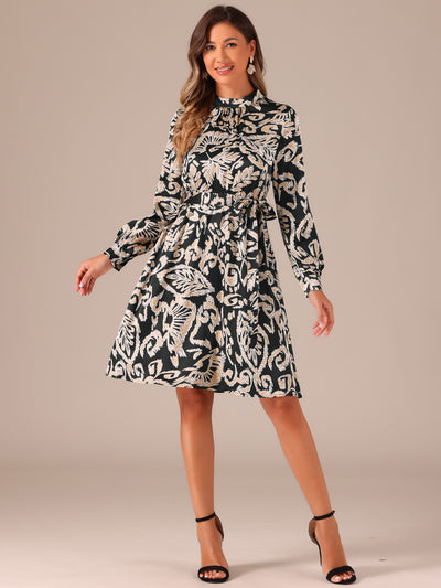 Mock Neck Swing Knee Length Long Sleeve A-line Floral Dress