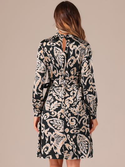 Mock Neck Swing Knee Length Long Sleeve A-line Floral Dress