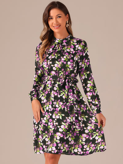 Mock Neck Swing Knee Length Long Sleeve A-line Floral Dress