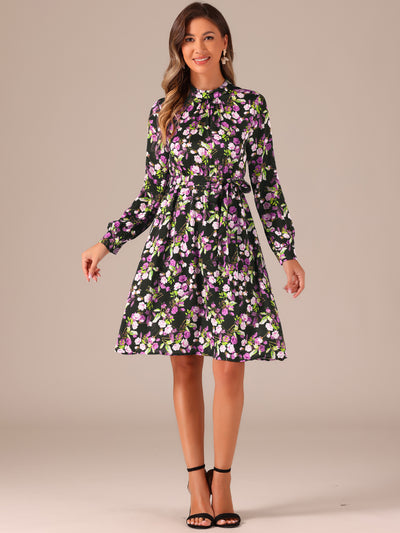 Mock Neck Swing Knee Length Long Sleeve A-line Floral Dress