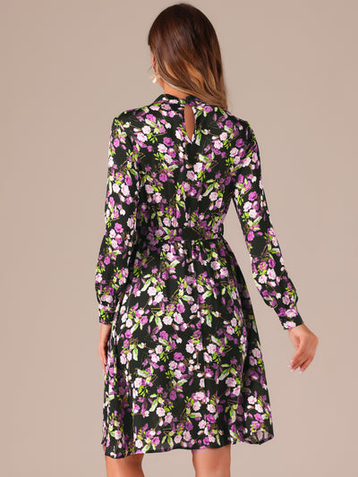 Mock Neck Swing Knee Length Long Sleeve A-line Floral Dress