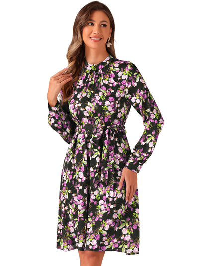 Mock Neck Swing Knee Length Long Sleeve A-line Floral Dress