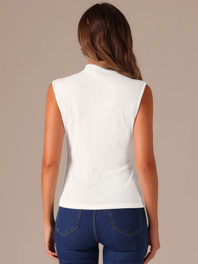 Mock Neck Knit Ribbed Solid Color Textured Sleeveless Blouse