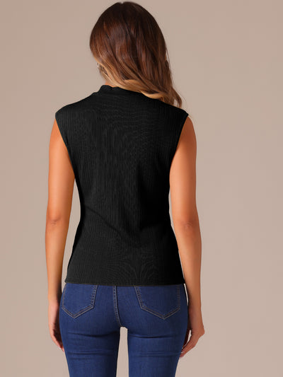 Mock Neck Knit Ribbed Solid Color Textured Sleeveless Blouse