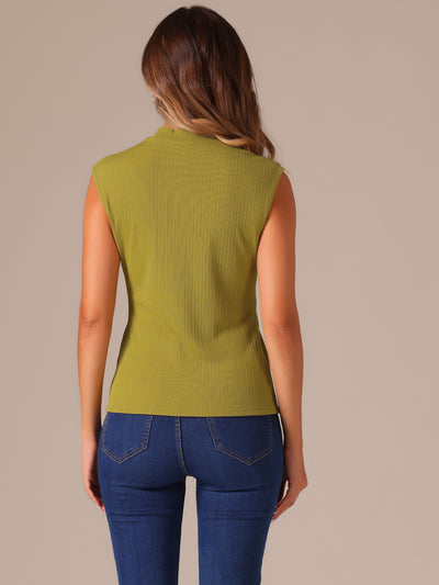 Mock Neck Knit Ribbed Solid Color Textured Sleeveless Blouse