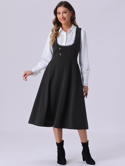 Lace Trim Button Decor Pockets Overalls Midi Pinafore Dress