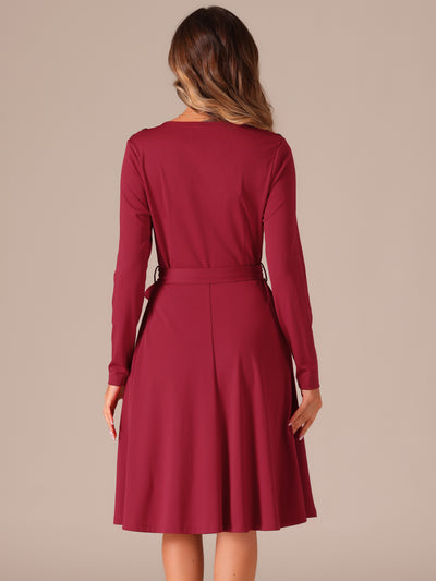 Solid Color Long Sleeve Belted Pockets A-Line Midi Dress