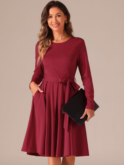 Solid Color Long Sleeve Belted Pockets A-Line Midi Dress