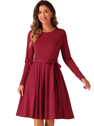 Solid Color Long Sleeve Belted Pockets A-Line Midi Dress