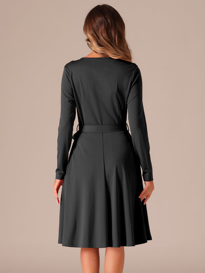 Solid Color Long Sleeve Belted Pockets A-Line Midi Dress