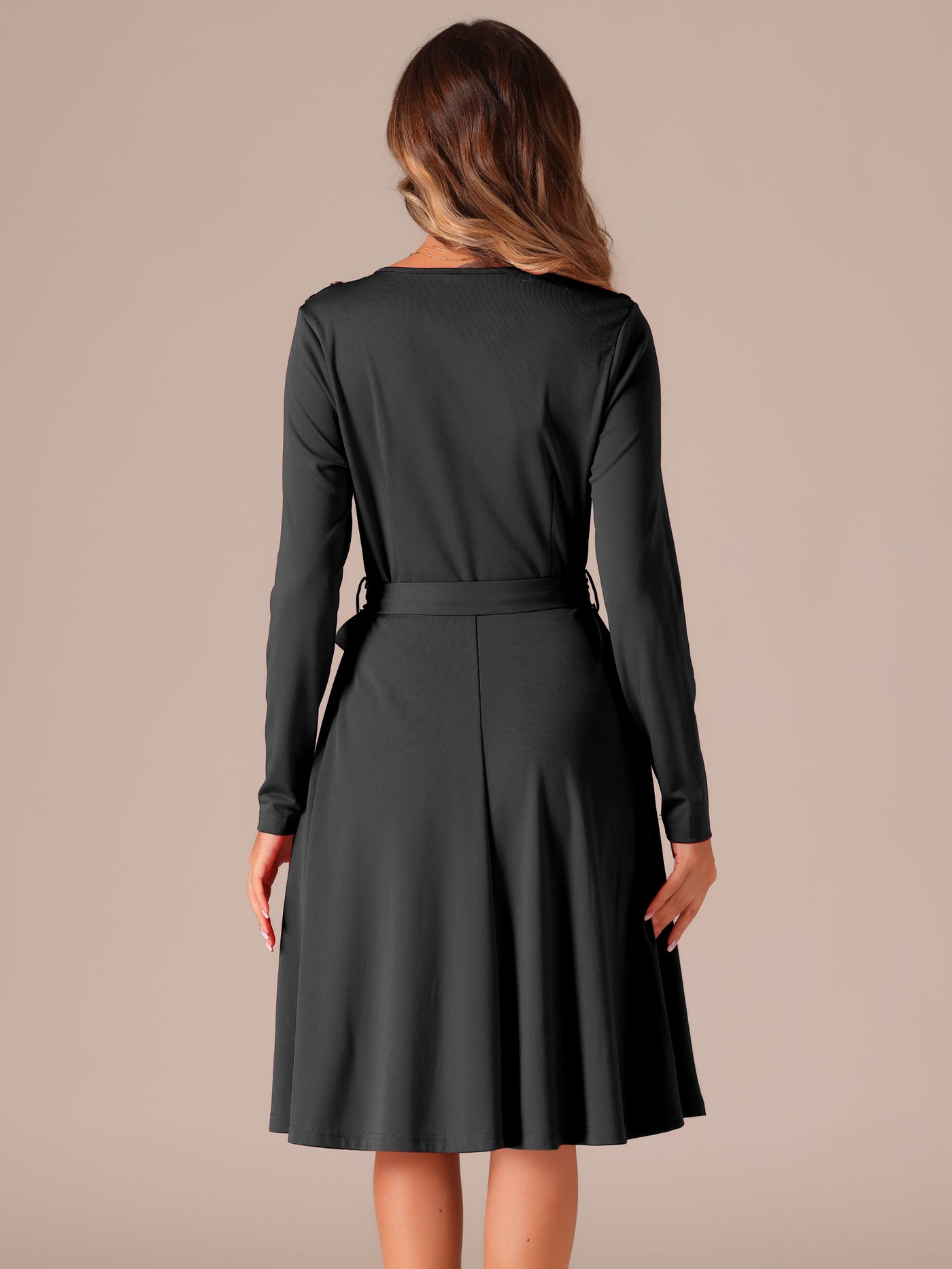 Allegra K Solid Color Long Sleeve Belted Pockets A-Line Midi Dress