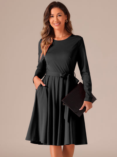 Solid Color Long Sleeve Belted Pockets A-Line Midi Dress