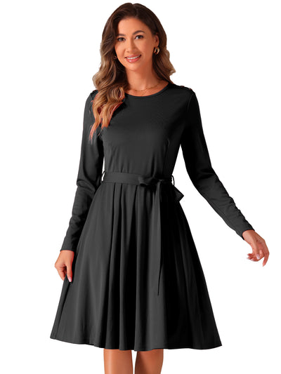 Solid Color Long Sleeve Belted Pockets A-Line Midi Dress