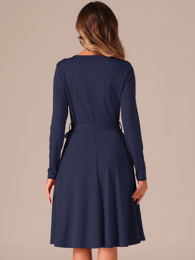 Solid Color Long Sleeve Belted Pockets A-Line Midi Dress