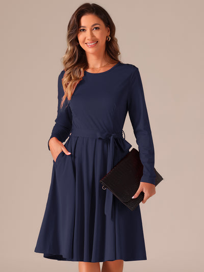 Solid Color Long Sleeve Belted Pockets A-Line Midi Dress