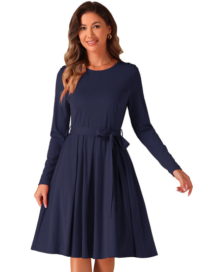 Solid Color Long Sleeve Belted Pockets A-Line Midi Dress