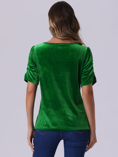 Velvet Round Neck Puff Short Sleeve Casual Blouse