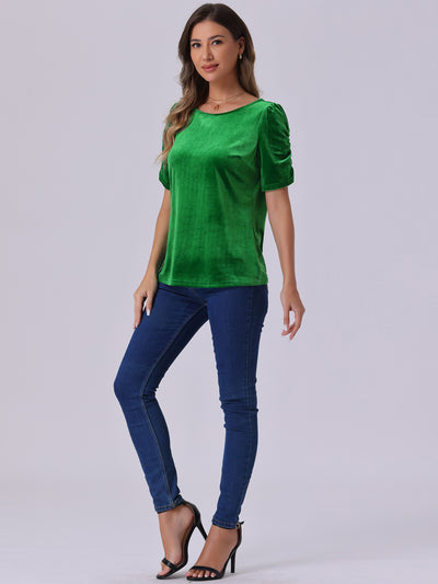 Velvet Round Neck Puff Short Sleeve Casual Blouse