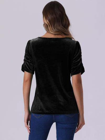 Velvet Round Neck Puff Short Sleeve Casual Blouse