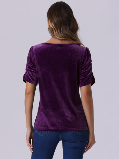 Velvet Round Neck Puff Short Sleeve Casual Blouse