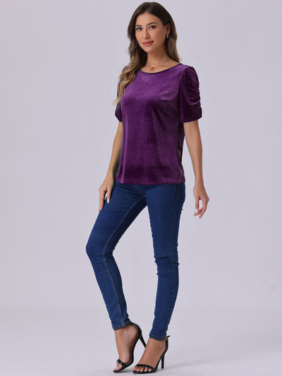 Velvet Round Neck Puff Short Sleeve Casual Blouse