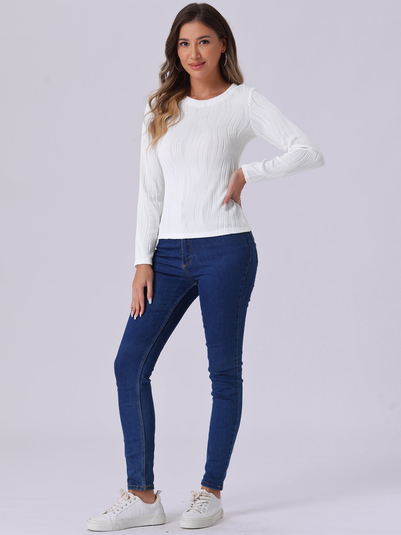 Allegra K Long Sleeve Round Neck Textured Casual Blouse