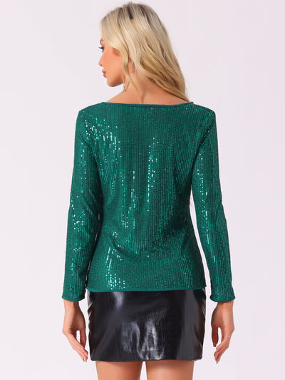 Sequin Glitter Cowl Neck Long Sleeve Sparkle Clubwear Blouse