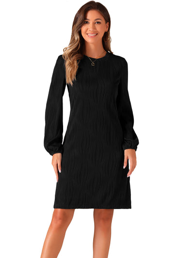 Long Lantern Sleeve Solid Color Textured Midi Dress