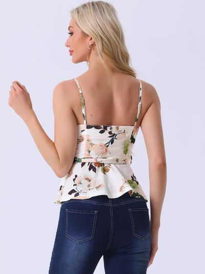 Floral Sleeveless Cami Spaghetti Strap Tie Waist Peplum Blouse