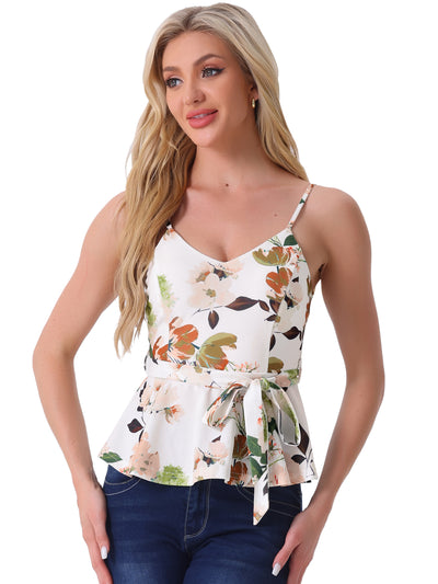 Floral Sleeveless Cami Spaghetti Strap Tie Waist Peplum Blouse