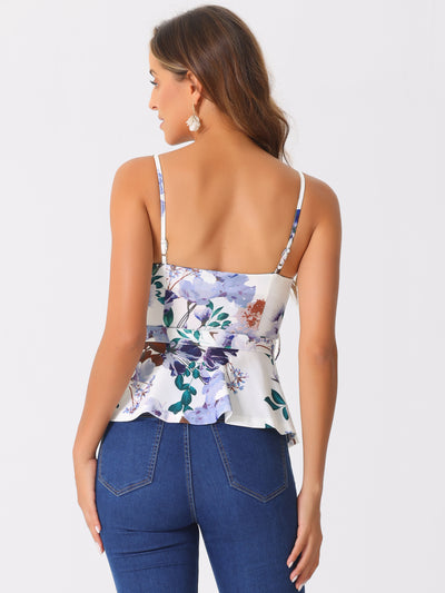 Floral Sleeveless Cami Spaghetti Strap Tie Waist Peplum Blouse