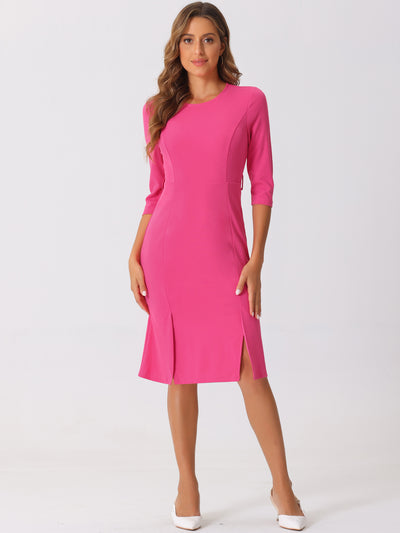 Crew Neck 3/4 Sleeve Slit Office Belted Pencil Sheath Dress