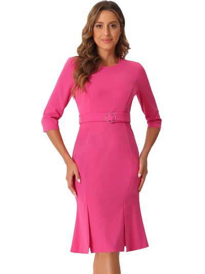 Crew Neck 3/4 Sleeve Slit Office Belted Pencil Sheath Dress