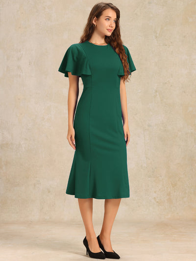 Ruffle Sleeve Round Neck Casual Cocktail Party Work Midi Sheath Dress