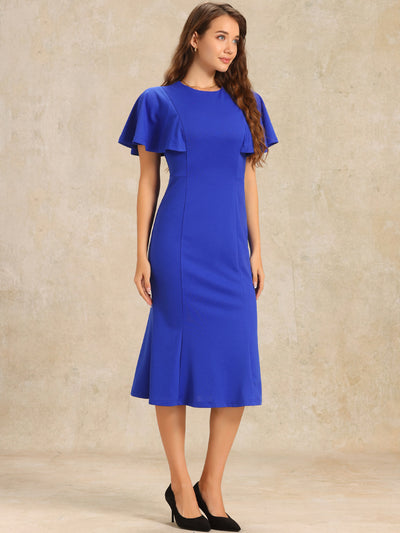 Ruffle Sleeve Round Neck Casual Cocktail Party Work Midi Sheath Dress