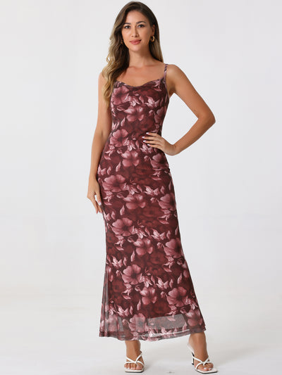 Spaghetti Strap Mesh Floral Sleeveless Bodycon Cocktail Maxi Dress Sundress