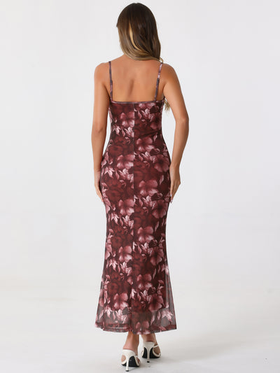 Spaghetti Strap Mesh Floral Sleeveless Bodycon Cocktail Maxi Dress Sundress