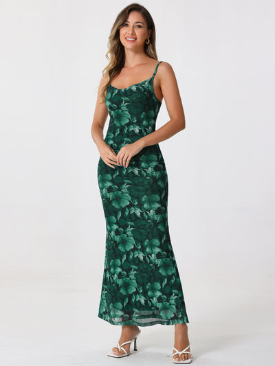 Spaghetti Strap Mesh Floral Sleeveless Bodycon Cocktail Maxi Dress Sundress