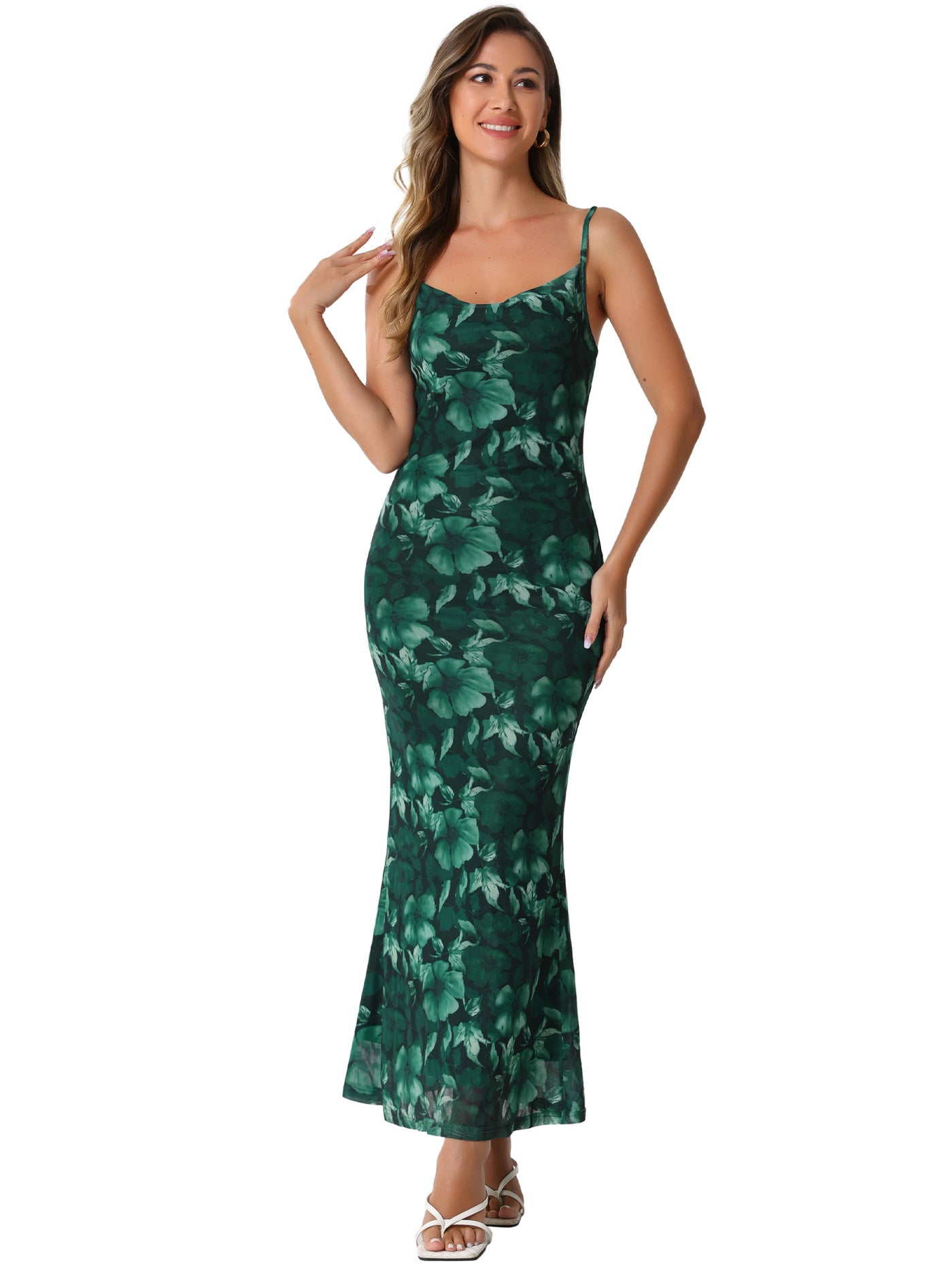 Allegra K Spaghetti Strap Mesh Floral Sleeveless Bodycon Cocktail Maxi Dress Sundress