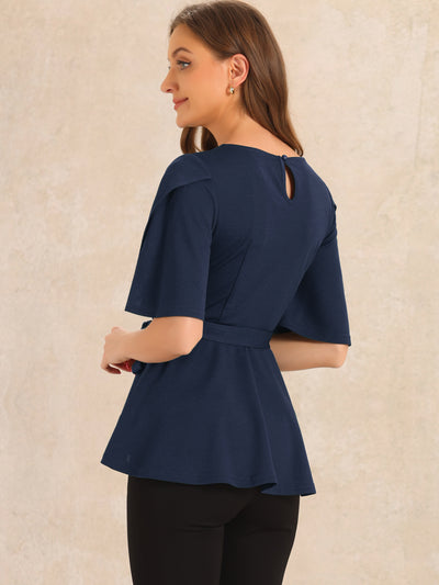 Split Half Sleeve Crew Neck Belted Knot Drap Casual Peplum Blouse