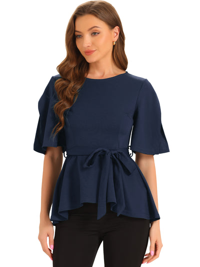 Split Half Sleeve Crew Neck Belted Knot Drap Casual Peplum Blouse