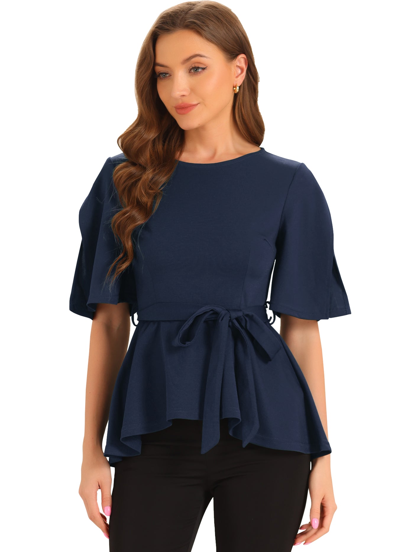 Allegra K Split Half Sleeve Crew Neck Belted Knot Drap Casual Peplum Blouse