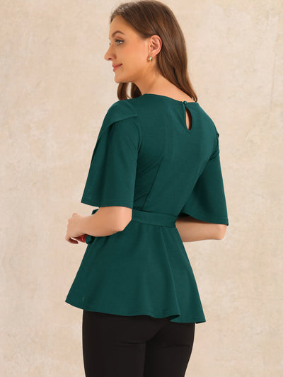 Split Half Sleeve Crew Neck Belted Knot Drap Casual Peplum Blouse