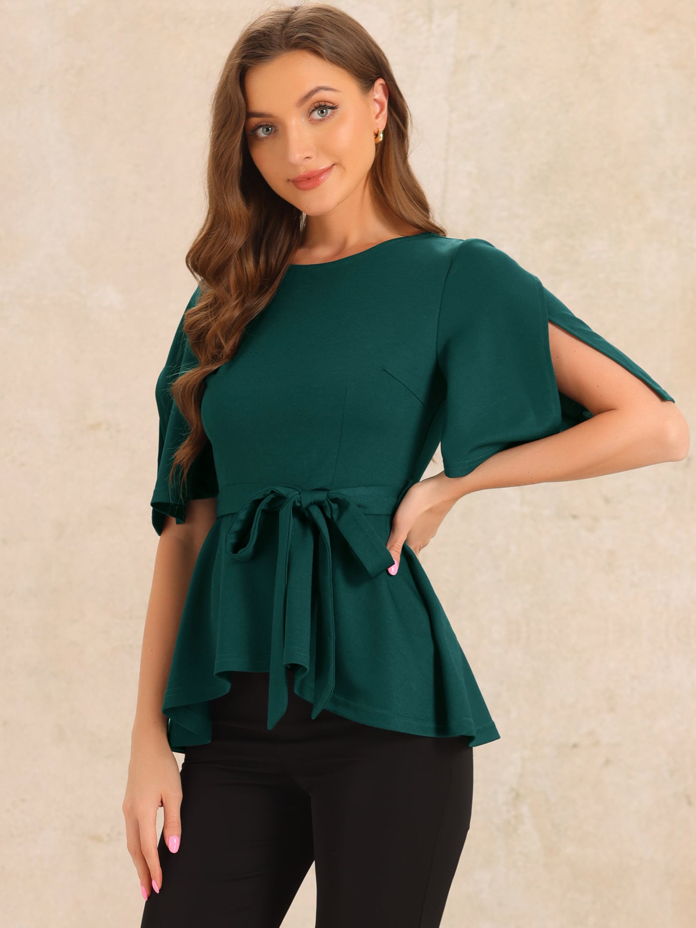 Allegra K Split Half Sleeve Crew Neck Belted Knot Drap Casual Peplum Blouse