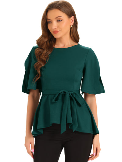 Split Half Sleeve Crew Neck Belted Knot Drap Casual Peplum Blouse