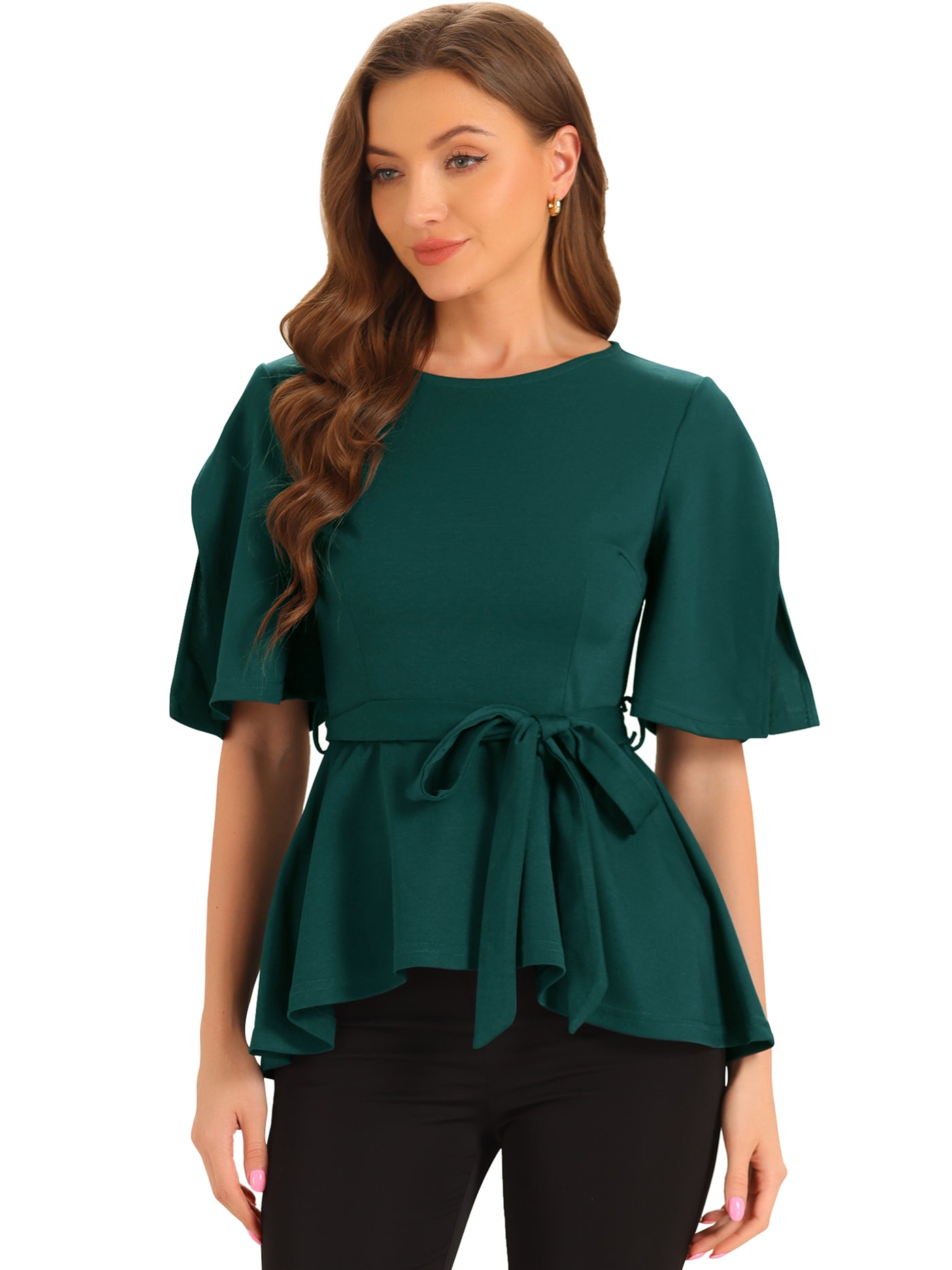 Allegra K Split Half Sleeve Crew Neck Belted Knot Drap Casual Peplum Blouse