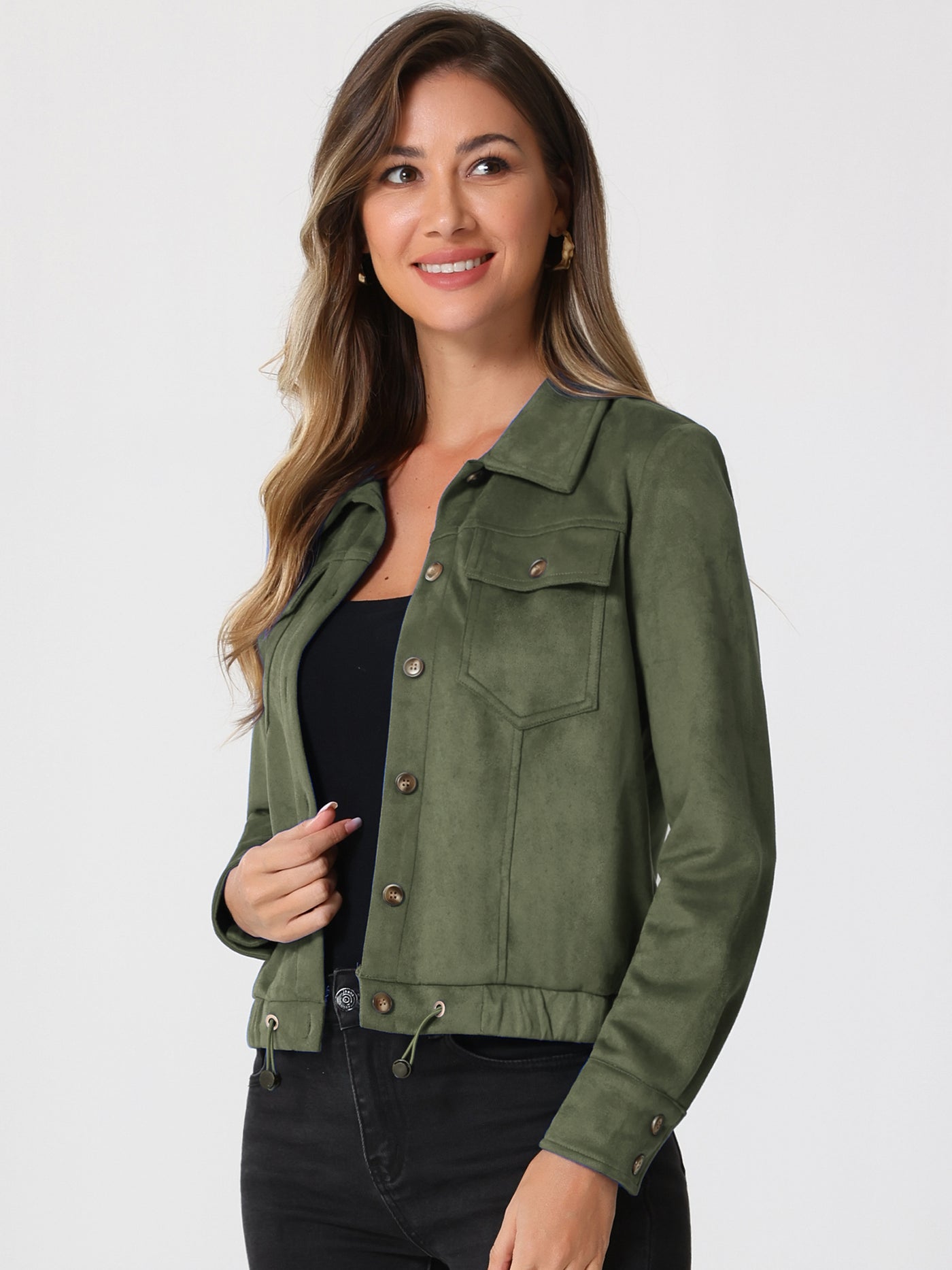 Allegra K Faux Suede Point Collar Button Down Cropped Moto Biker Jacket