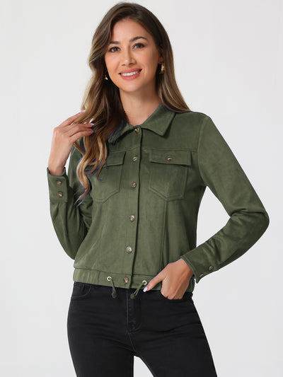 Faux Suede Point Collar Button Down Cropped Moto Biker Jacket